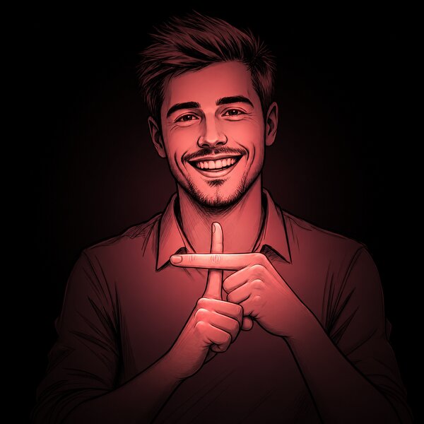 Sketch of a smiling man making a plus sign with his fingers.