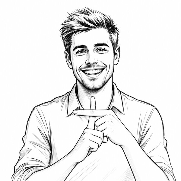 Sketch of a smiling man making a plus sign with his fingers.