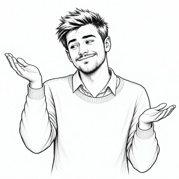 Sketch of a man weighing two options with his open hands.