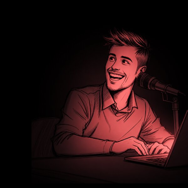 Sketch of a happy customer who is sitting at a desk in front of a laptop with a microphone