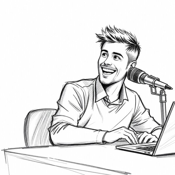 Sketch of a happy customer who is sitting at a desk in front of a laptop with a microphone