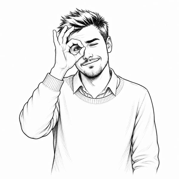 Sketch of a man looking through a circle made with his thumb and forefinger.