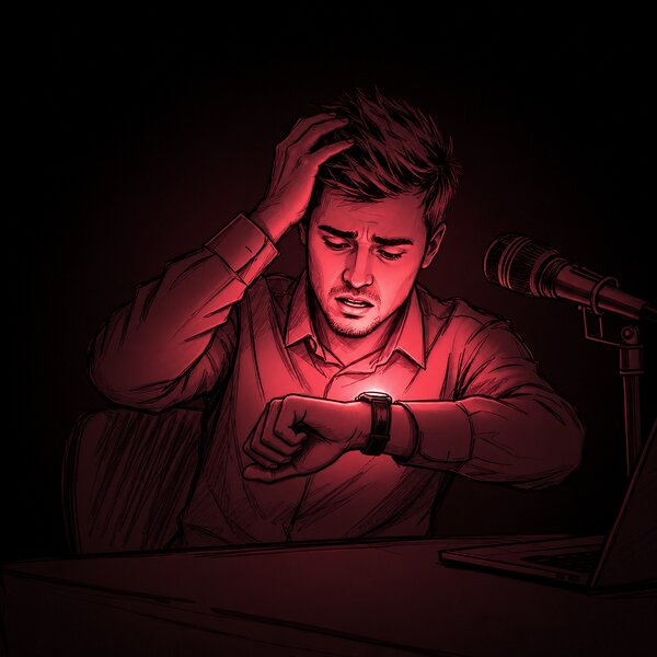 Sketch of a confused man who is looking at his wristwatch with an impatient facial expression.