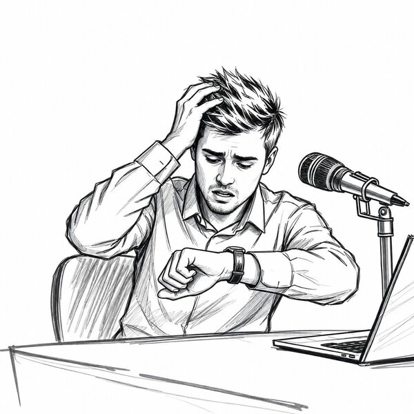 Sketch of a confused man who is looking at his wristwatch with an impatient facial expression.